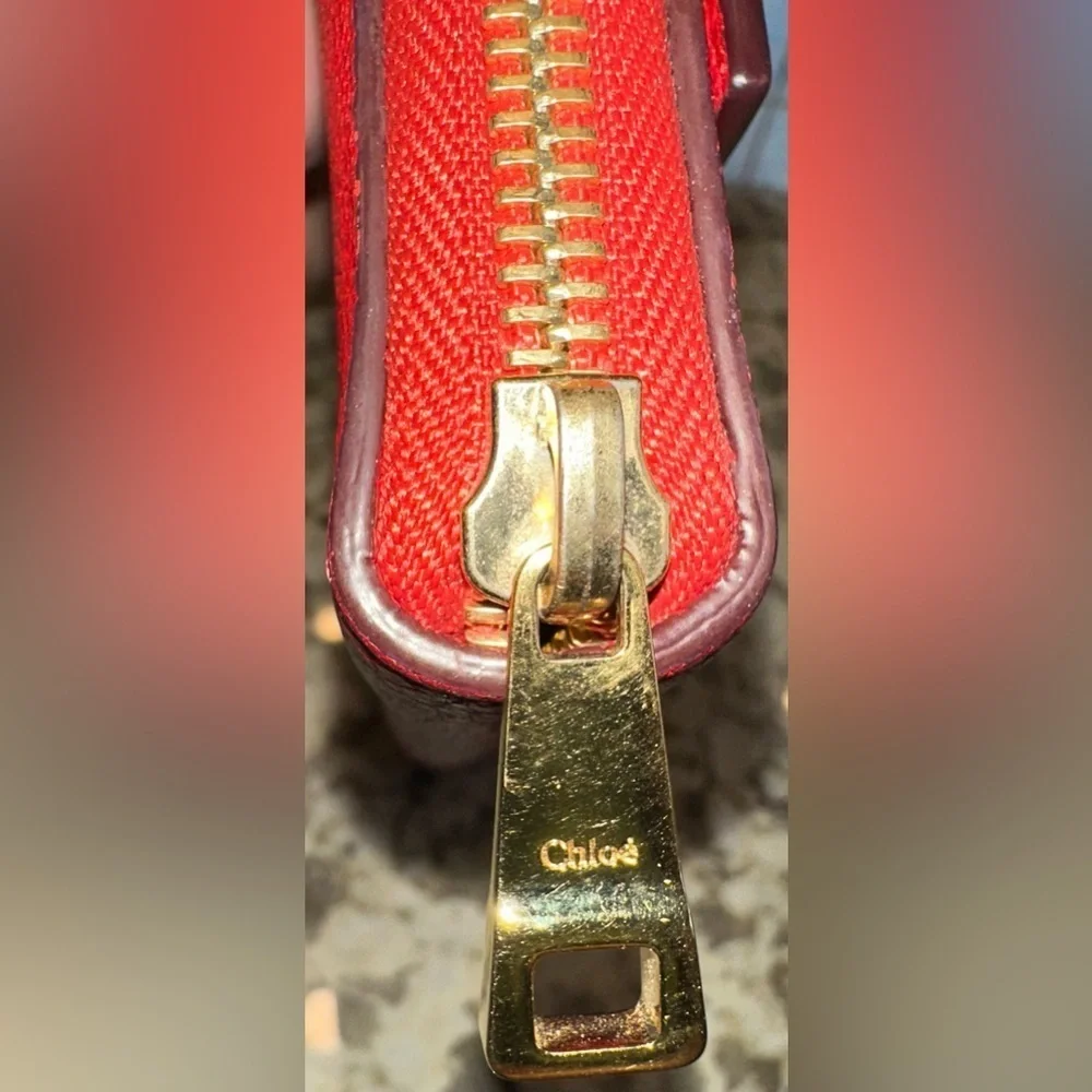 Classic Chloé Red Leather Front Pocket Continental Zip @ Wallet Gold Hardware
